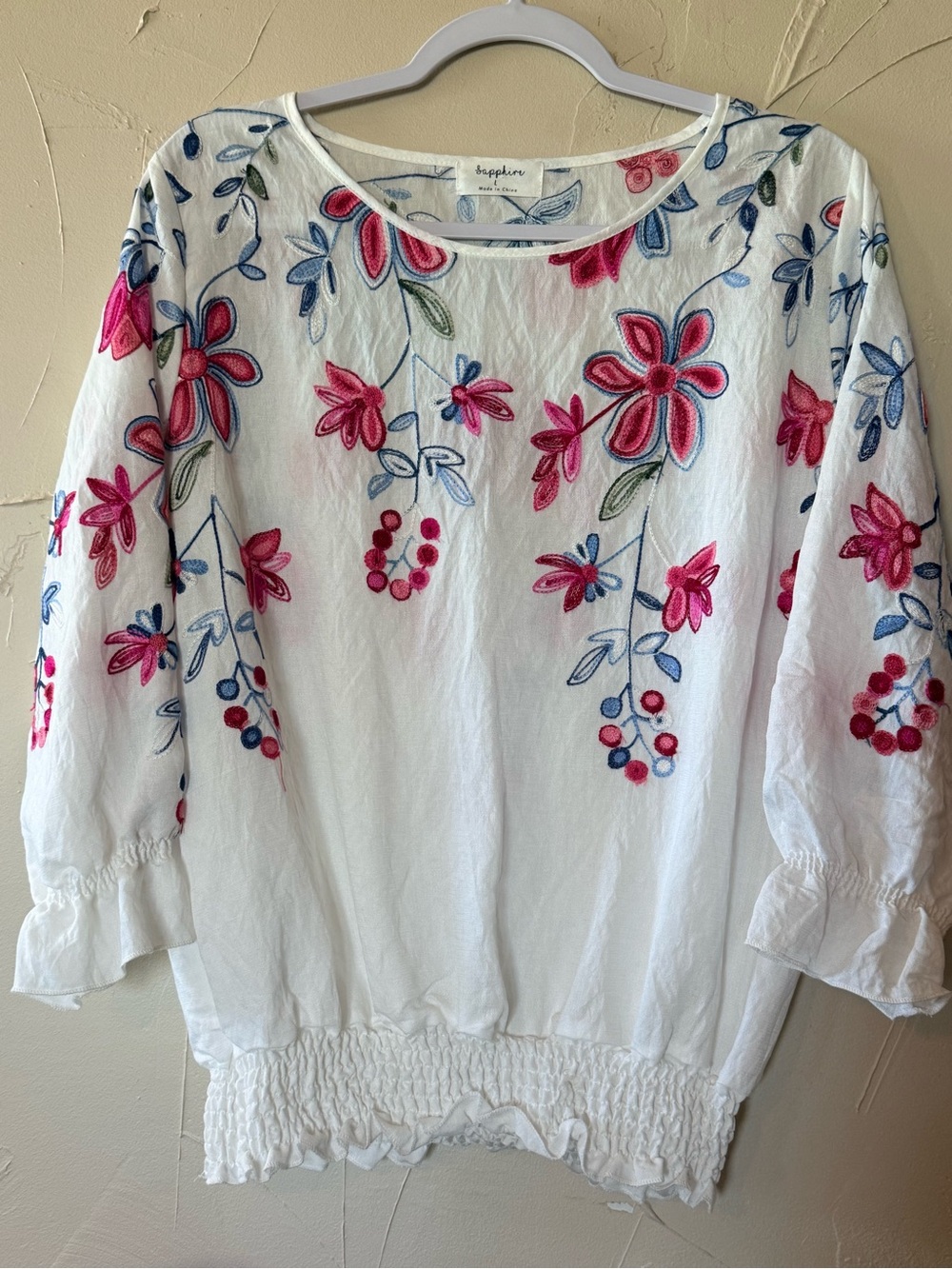 Sapphire Floral Embroidered White Peasant Top - nwot